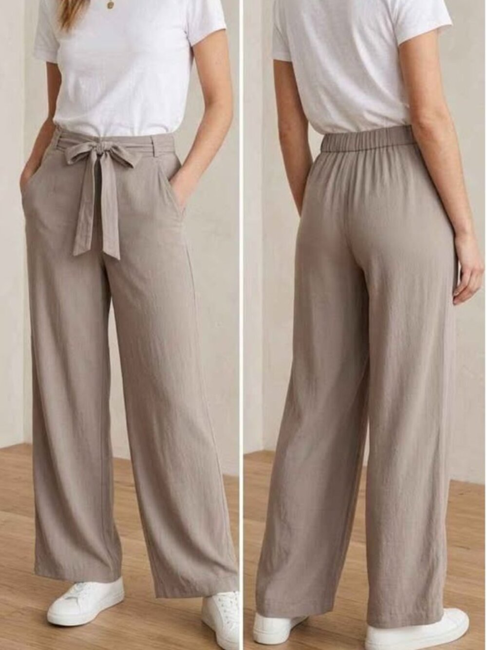 Wilfred Aritzia Taupe Wide Leg Pants, Tie-Waist, Small, Casual Chic